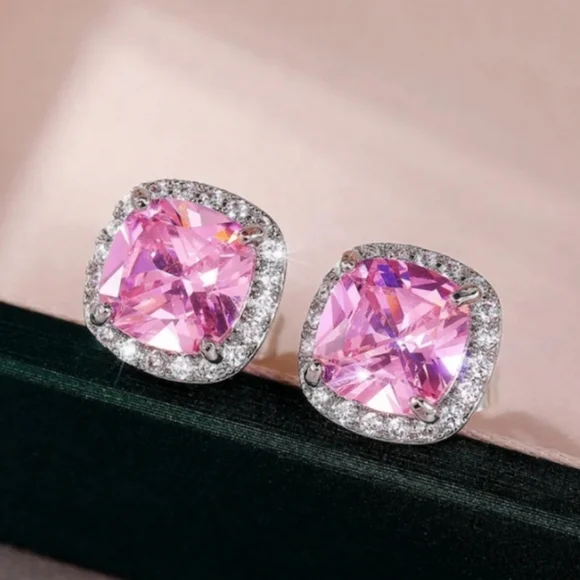 Halo Cushion Cut CZ Elegant Pink and Silver Stud Earrings - Picture 4 of 5